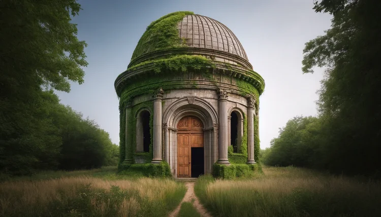 DALL·E 2024-06-02 20.47.54 - A 20-meter tall, old, semi-ruined dome-shaped building with an open oak door. The building is covered in ivy. The expansive weathered stone structure .webp