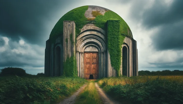 DALL·E 2024-06-02 20.48.41 - A 40-meter tall, 60-meter long old, semi-ruined dome-shaped building with an open oak door. The building is covered in ivy. The expansive weathered st.webp
